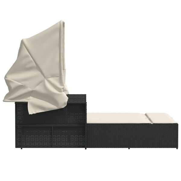 vidaXL Double Sun Lounger with Canopy and Cushions Black Poly Rattan