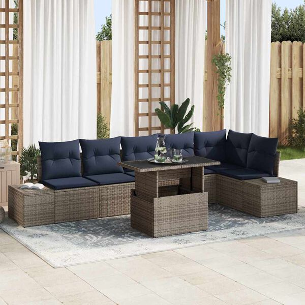 vidaXL Garden Sofa Set 7 pcs Grey and Navy Blue Poly Rattan