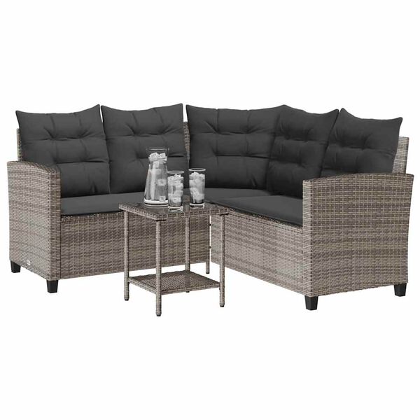 vidaXL Garden Sofa with Table&Cushions L-shaped Grey Poly Rattan