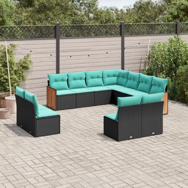vidaXL 11 Piece Garden Sofa Set with Cushions Black Poly Rattan