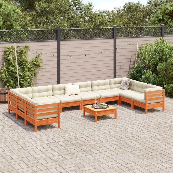 vidaXL 11 Piece Garden Sofa Set with Cushions Wax Brown Solid Wood Pine