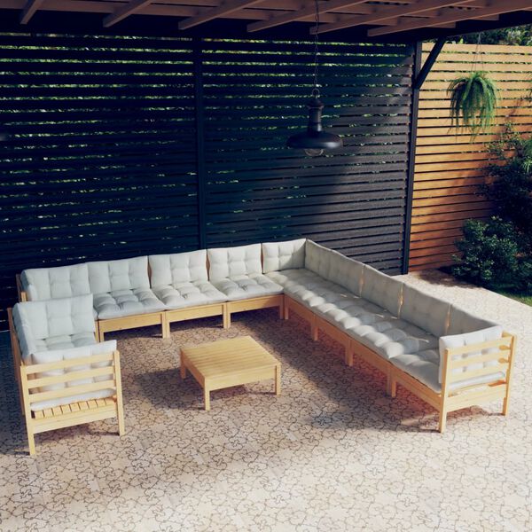 vidaXL 12 Piece Garden Lounge Set with Cream Cushions Solid Pinewood