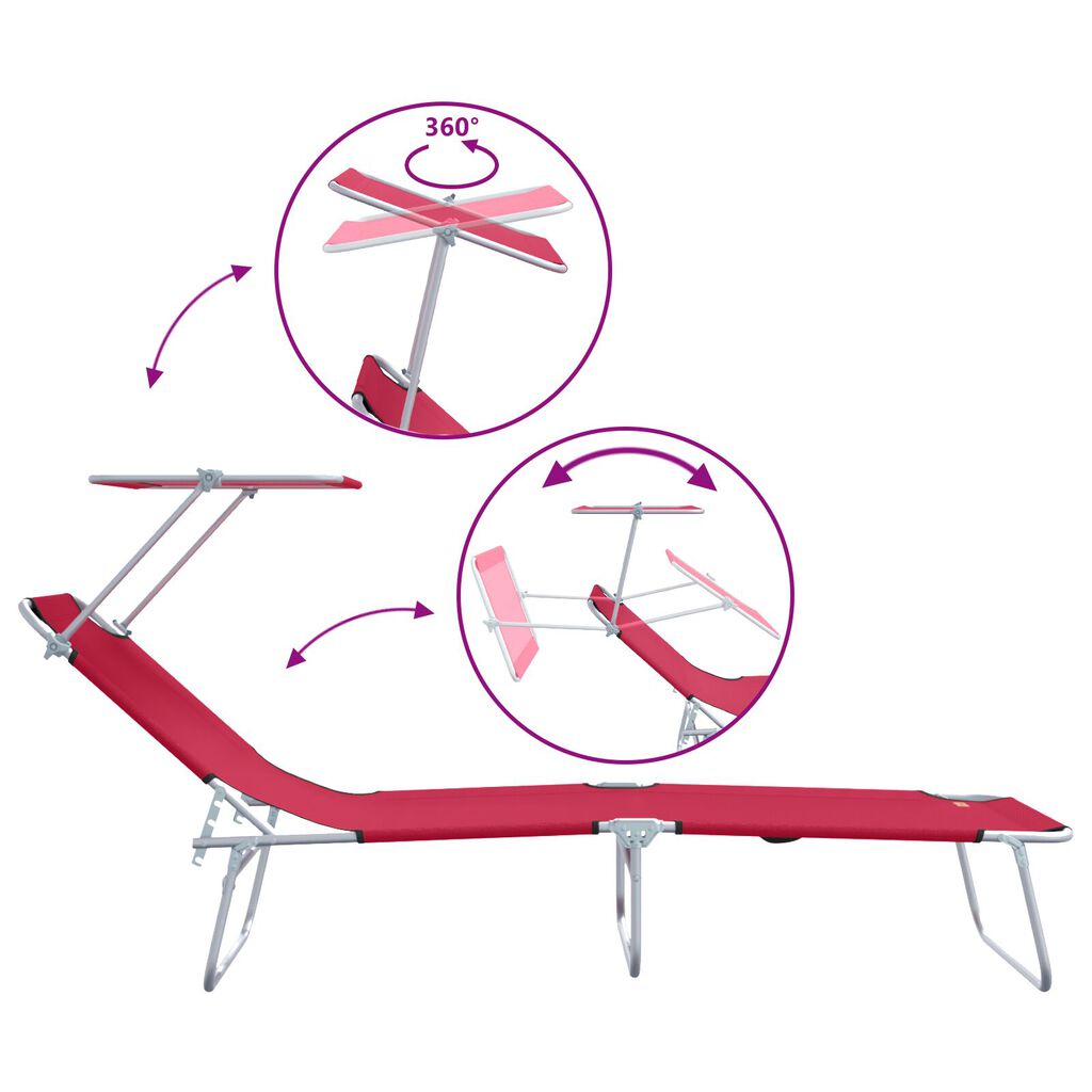 vidaXL Folding Sun Lounger with Canopy Steel and Fabric Red