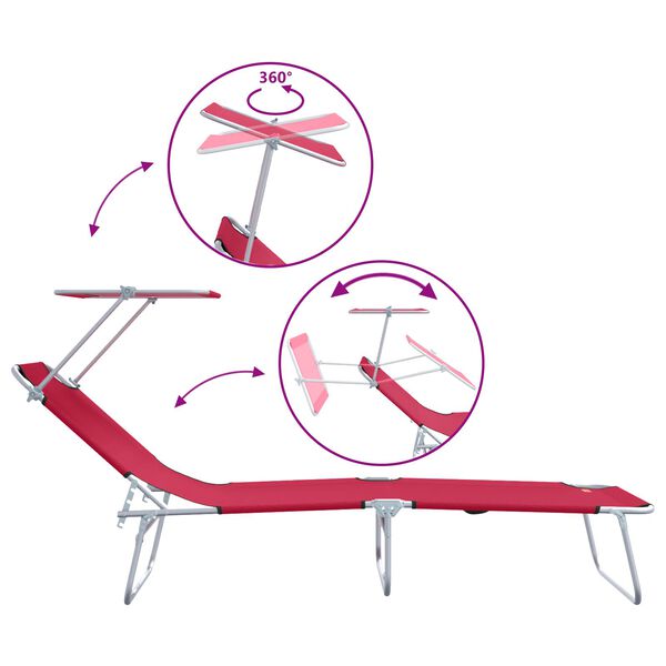 vidaXL Folding Sun Lounger with Canopy Steel and Fabric Red