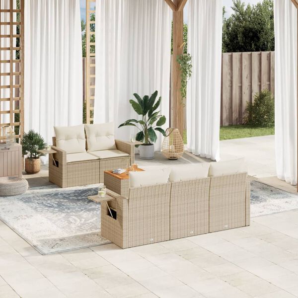 vidaXL 6 Piece Garden Sofa Set with Cushions Beige Poly Rattan