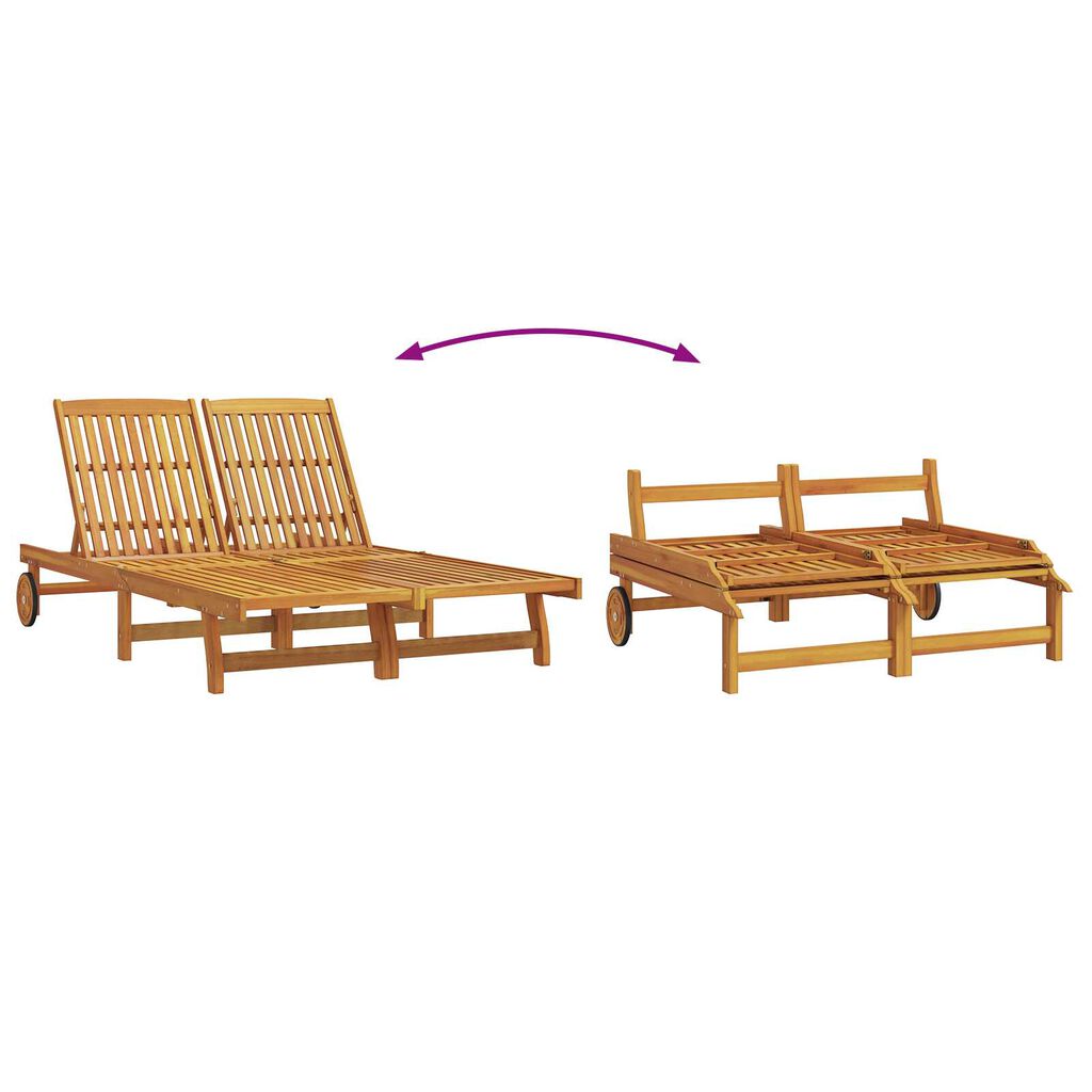 vidaXL Double Sun Lounger with Wheels and Cushion - Solid Acacia Wood