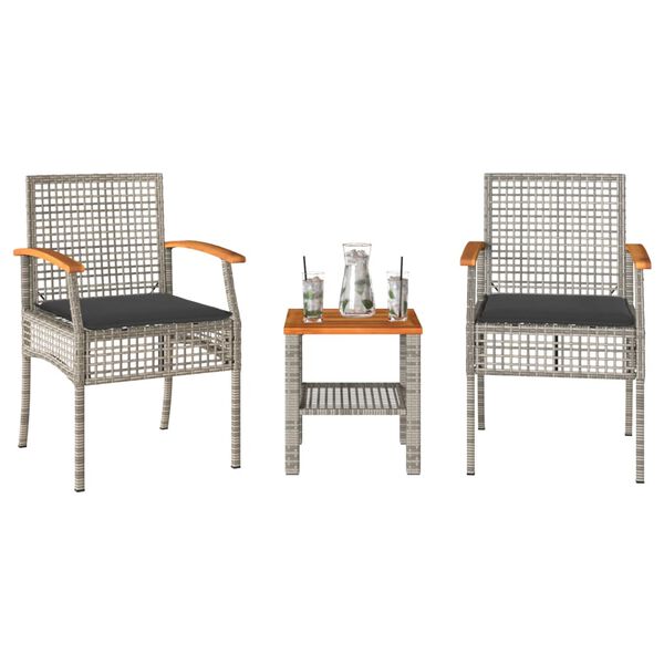 vidaXL 3 Piece Bistro Set with Cushions Grey Poly Rattan Acacia Wood