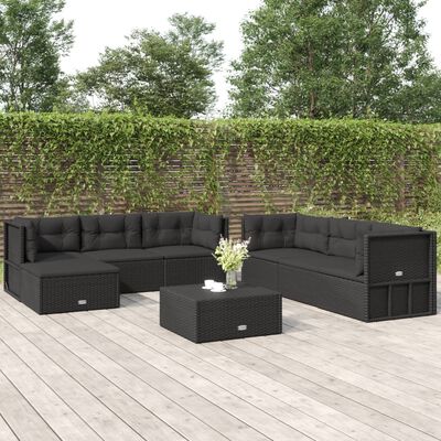 vidaXL 7 Piece Outdoor Sofa Set with Cushions Black Poly Rattan