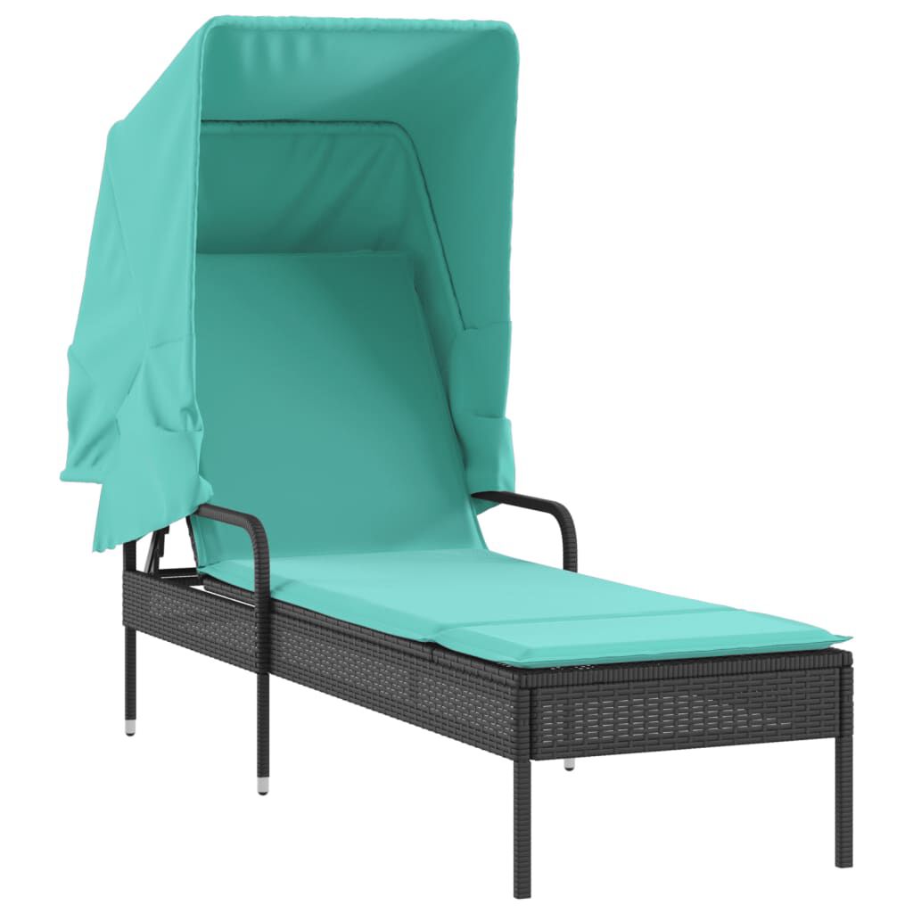vidaXL Sun Loungers 2 pcs with Canopies and Table Black Poly Rattan