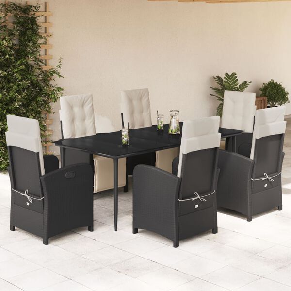 vidaXL 7 Piece Garden Dining Set with Cushions Black Poly Rattan