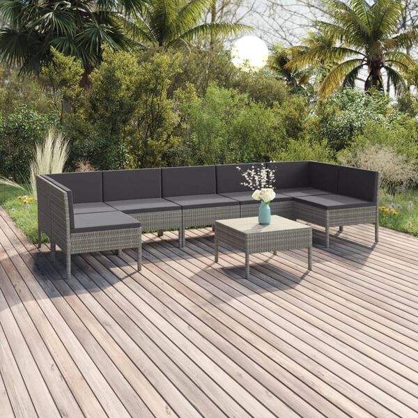 vidaXL 8 Piece Garden Lounge Set with Cushions Poly Rattan Grey