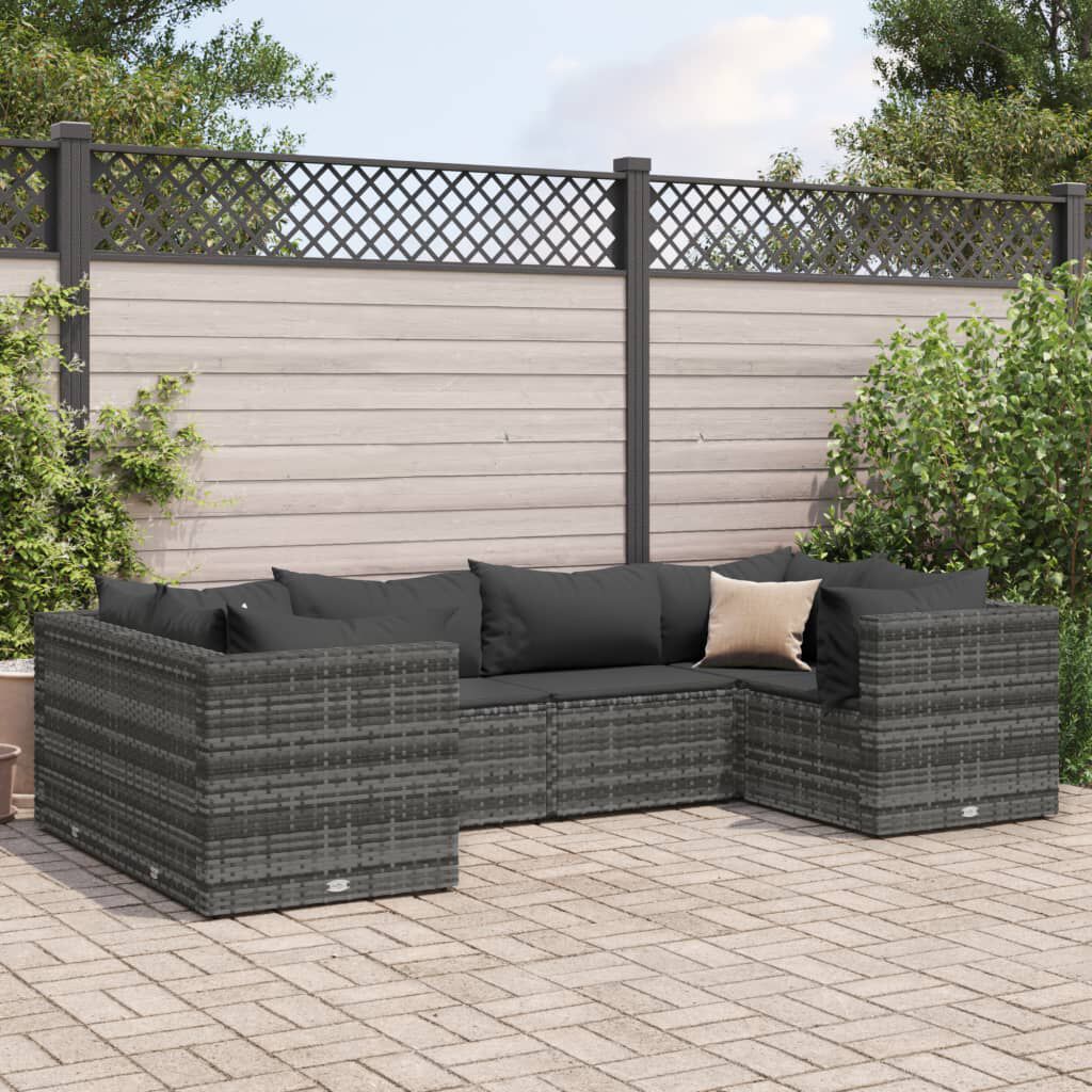 vidaXL 6 Piece Garden Lounge Set with Cushions Grey Poly Rattan