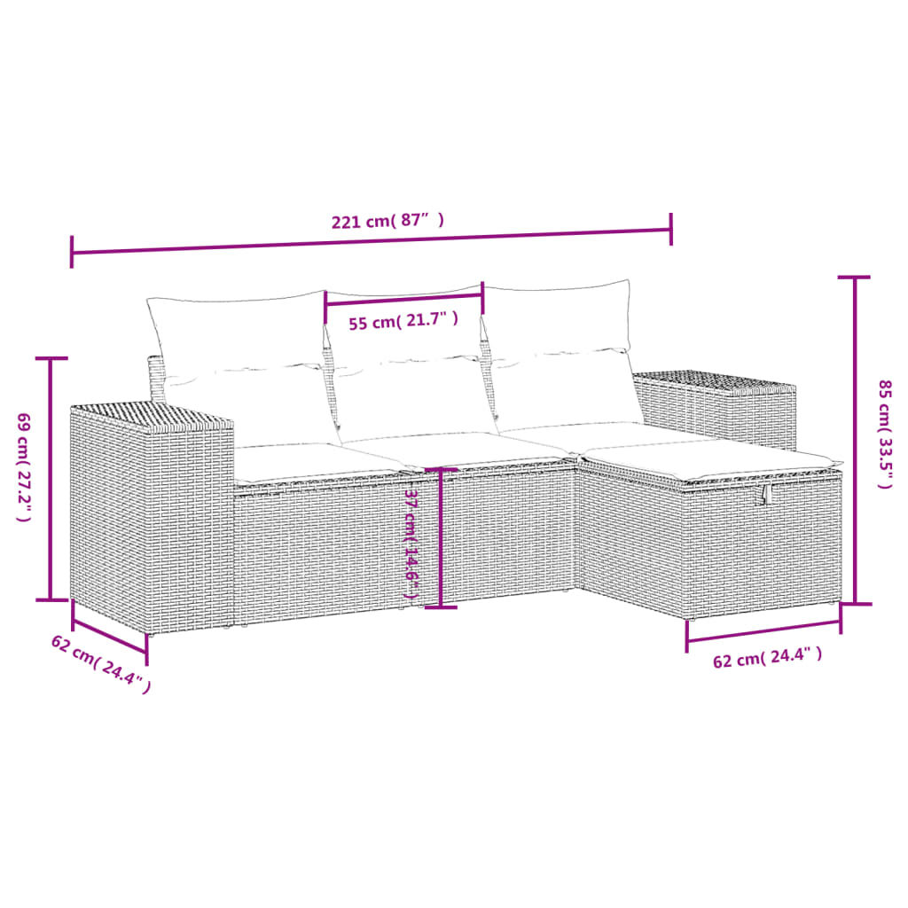 vidaXL 4 Piece Garden Sofa Set with Cushions Brown Poly Rattan