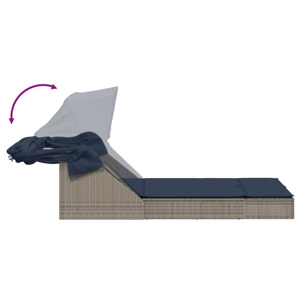 vidaXL Double Sun Lounger with Canopy and Cushions Grey Poly Rattan
