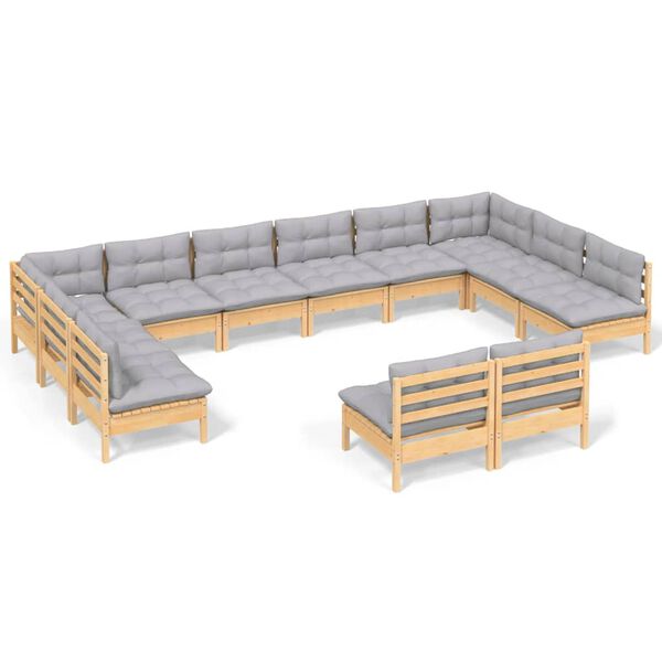 vidaXL 12 Piece Garden Lounge Set with Grey Cushions Solid Pinewood
