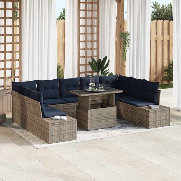 vidaXL Garden Sofa Set 10 pcs Grey and Navy Blue Poly Rattan