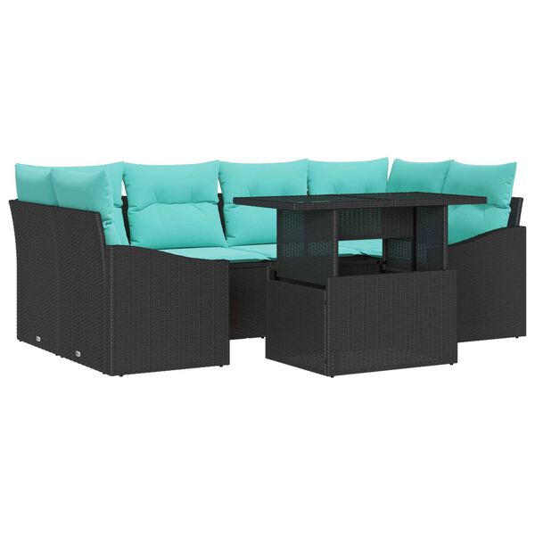 vidaXL 7 Piece Garden Sofa Set with Cushions Black Poly Rattan