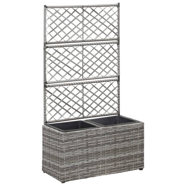 vidaXL Trellis Raised Bed with 2 Pots 58x30x107 cm Poly Rattan Grey
