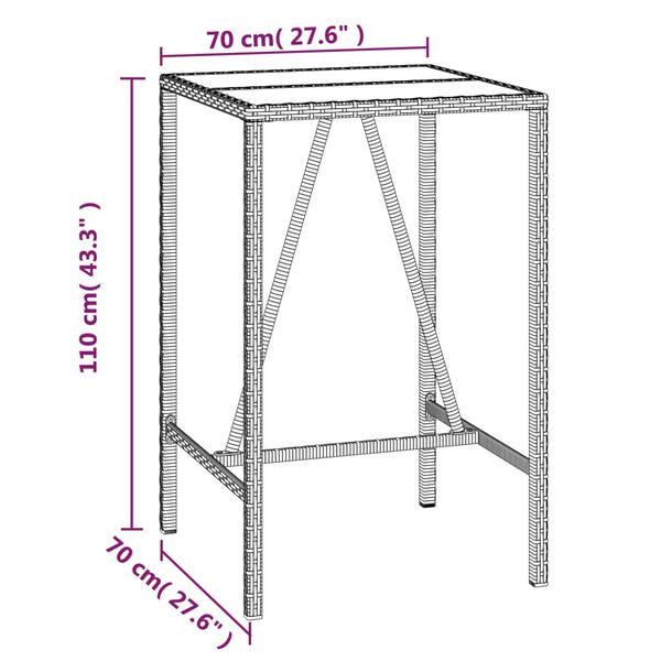vidaXL Bar Table with Glass Top Black 70x70x110 cm Poly Rattan