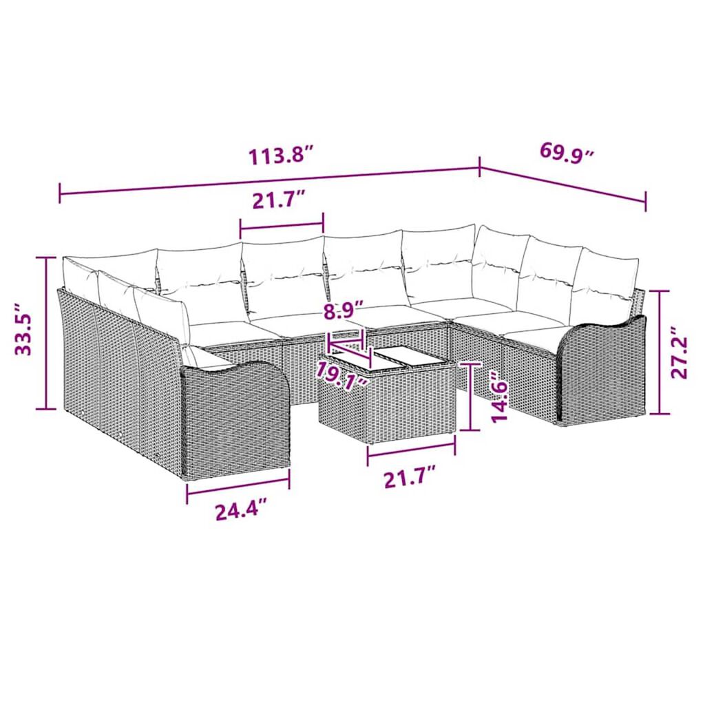 vidaXL Garden Sofa Set with Cushion 10 pcs Grey Poly rattan