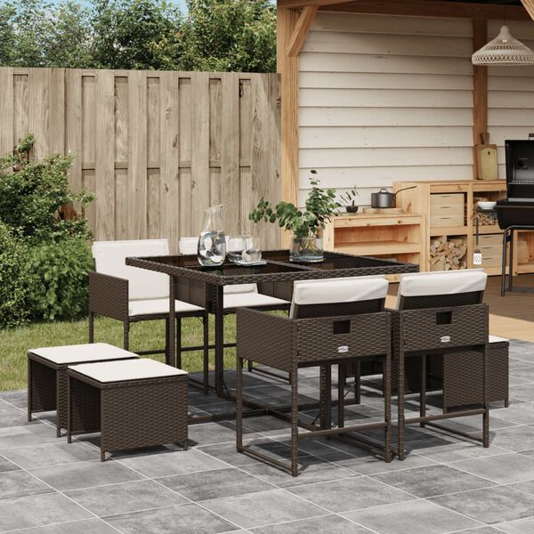 vidaXL 9 Piece Garden Dining Set with Cushions Brown Poly Rattan