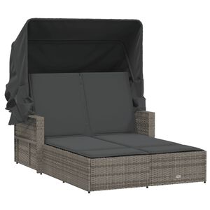 vidaXL Double Sun Lounger with Canopy and Cushions Grey Poly Rattan