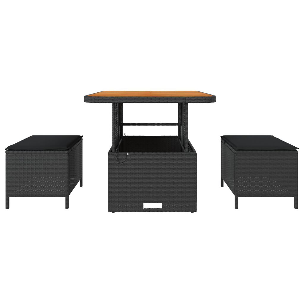 vidaXL 3 Piece Garden Dining Set with Cushions Black Poly Rattan Acacia
