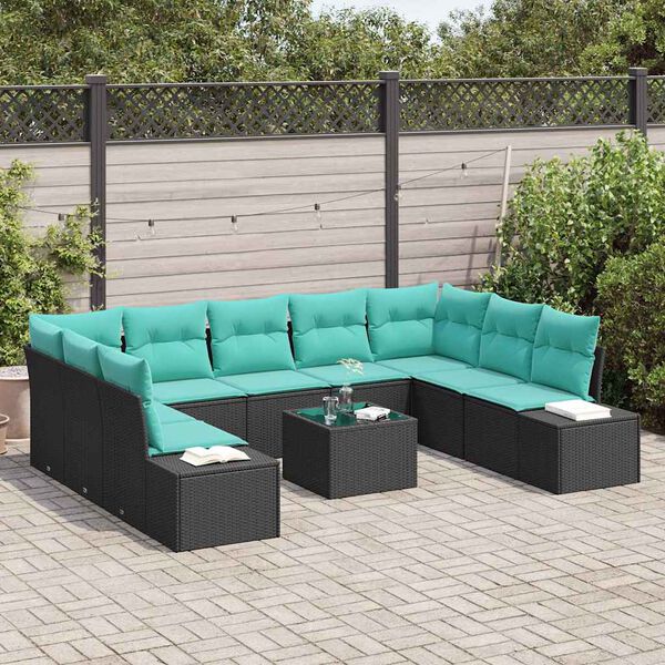 vidaXL Garden Sofa Set with Cushion 10 pcs Black Poly Rattan