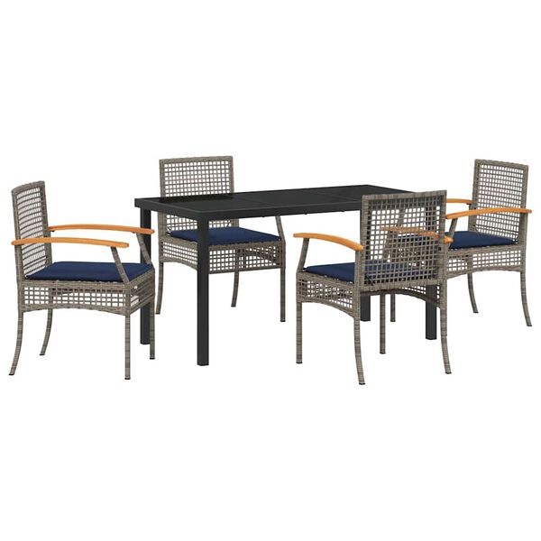 vidaXL Garden Dining Set with Cushion 5 pcs Grey and Black Rattan