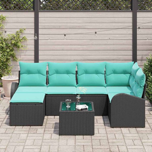 vidaXL Sofa Set with Cushion 7 pcs Black and Turquoise Poly Rattan