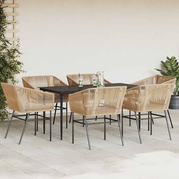 vidaXL 7 Piece Garden Dining Set with Cushions Brown Poly Rattan Glass