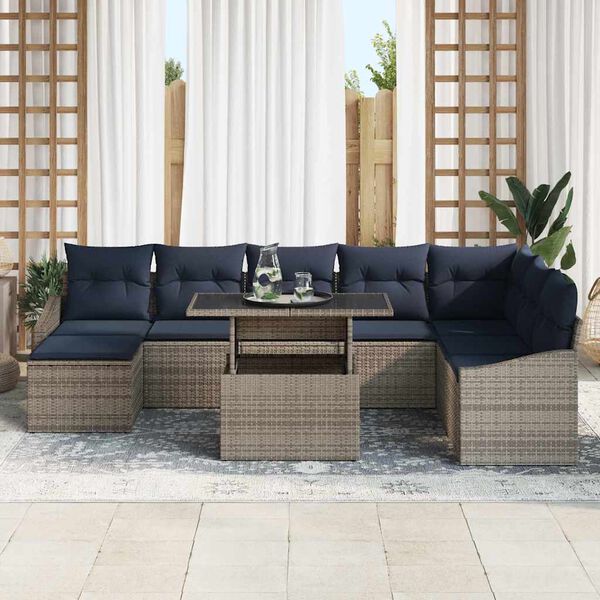 vidaXL Sofa Set with Cushion 9 pcs Grey and Navy Blue Poly Rattan