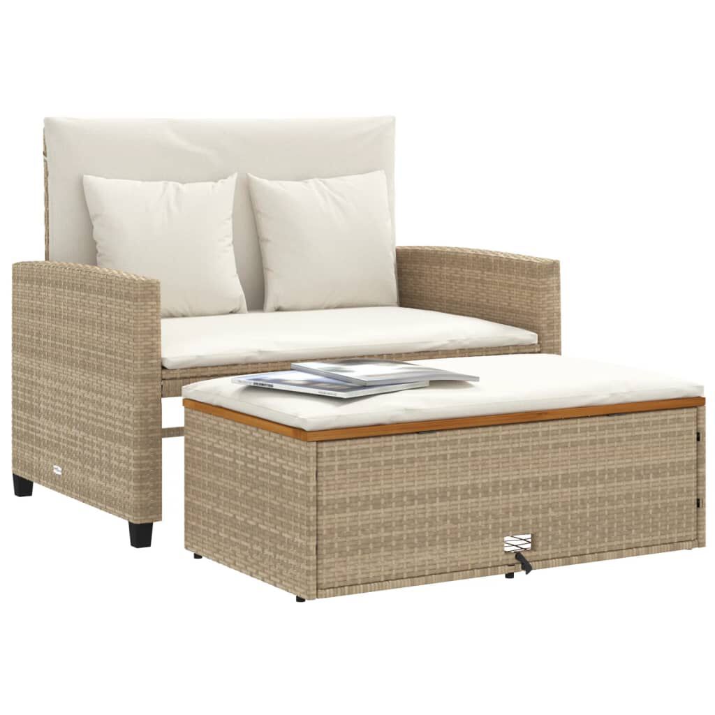 vidaXL Garden Sofa with Cushions 2-Seater Beige Poly Rattan&Acacia Wood