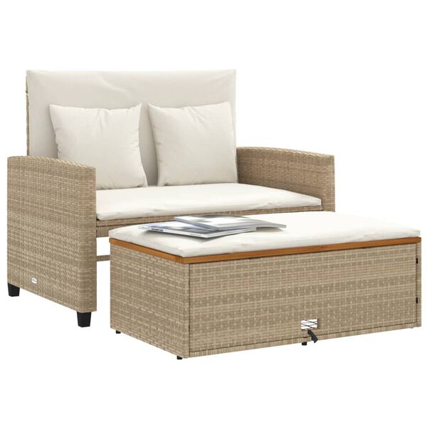 vidaXL Garden Sofa with Cushions 2-Seater Beige Poly Rattan&Acacia Wood