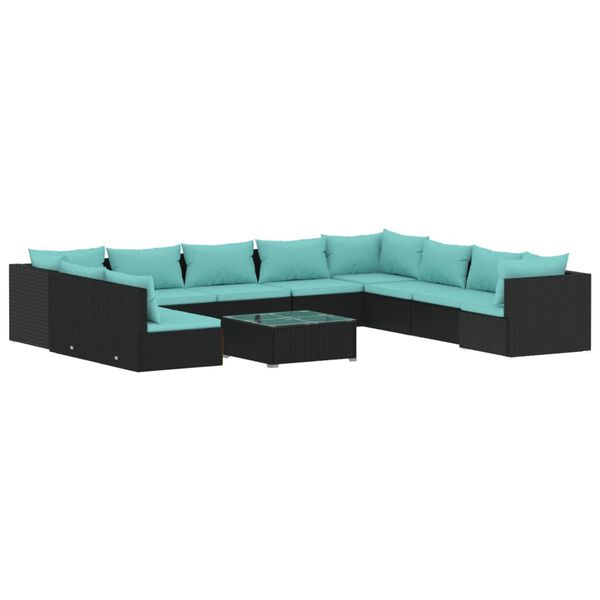 vidaXL 11 Piece Garden Lounge Set with Cushions Black Poly Rattan