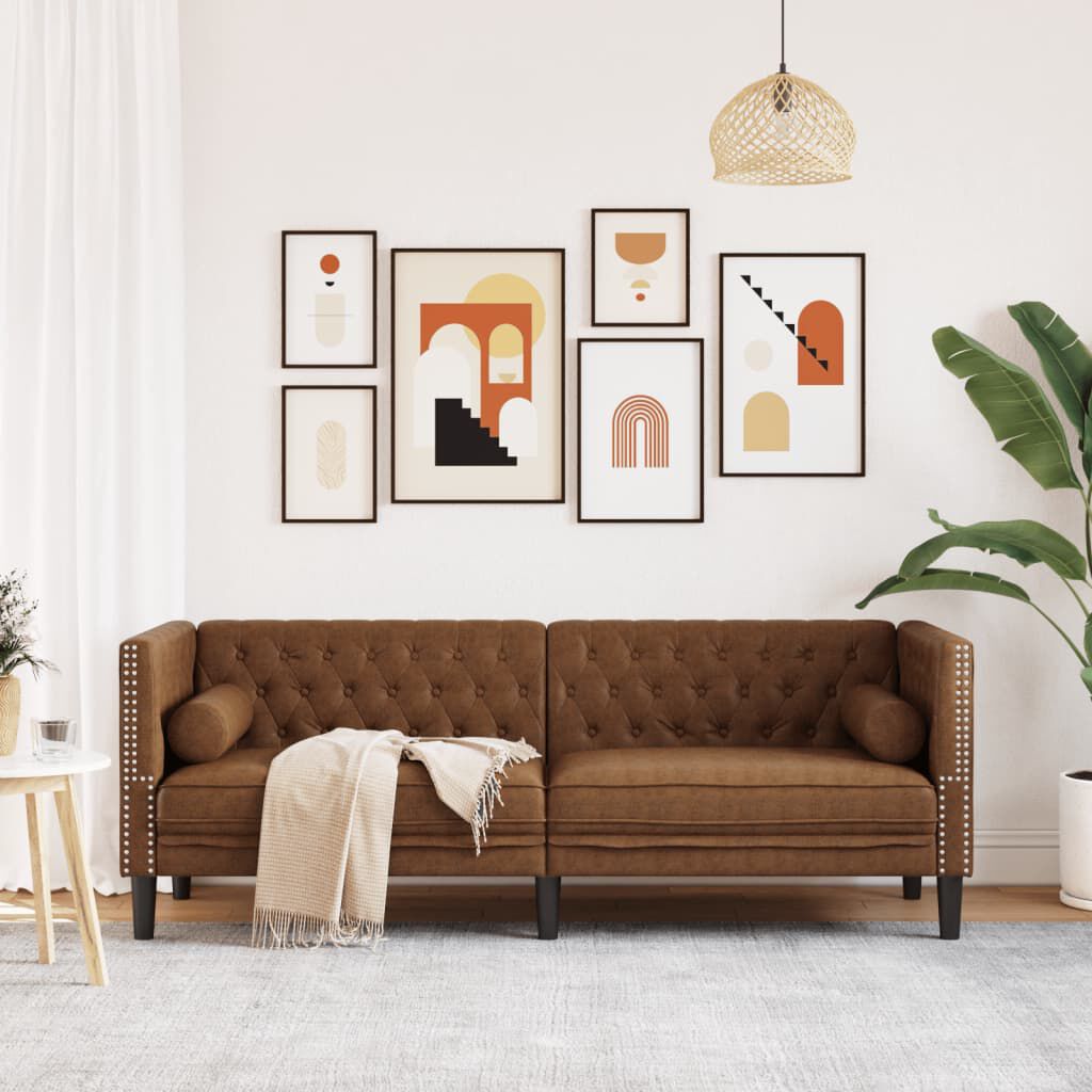 vidaXL Chesterfield Sofa with Bolsters 3-Seater Brown Faux Suede Leather