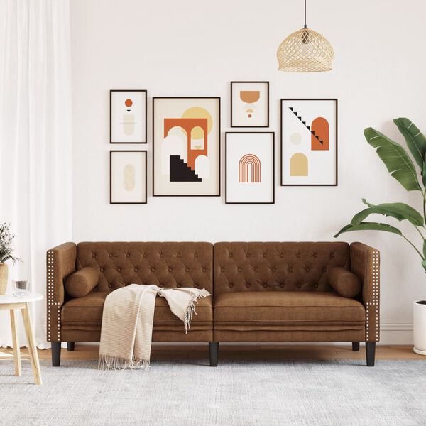 vidaXL Chesterfield Sofa with Bolsters 3-Seater Brown Faux Suede Leather