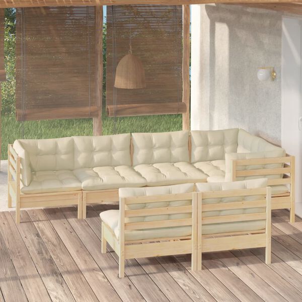 vidaXL 7 Piece Garden Lounge Set with Cream Cushions Solid Pinewood