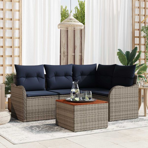 vidaXL 5 Piece Garden Sofa Set with Cushions Grey Poly Rattan Acacia