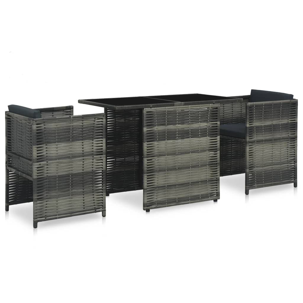 vidaXL 3 Piece Bistro Set with Cushions Poly Rattan Grey