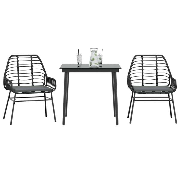 vidaXL 3 Piece Garden Dining Set with Cushions Black Poly Rattan Glass
