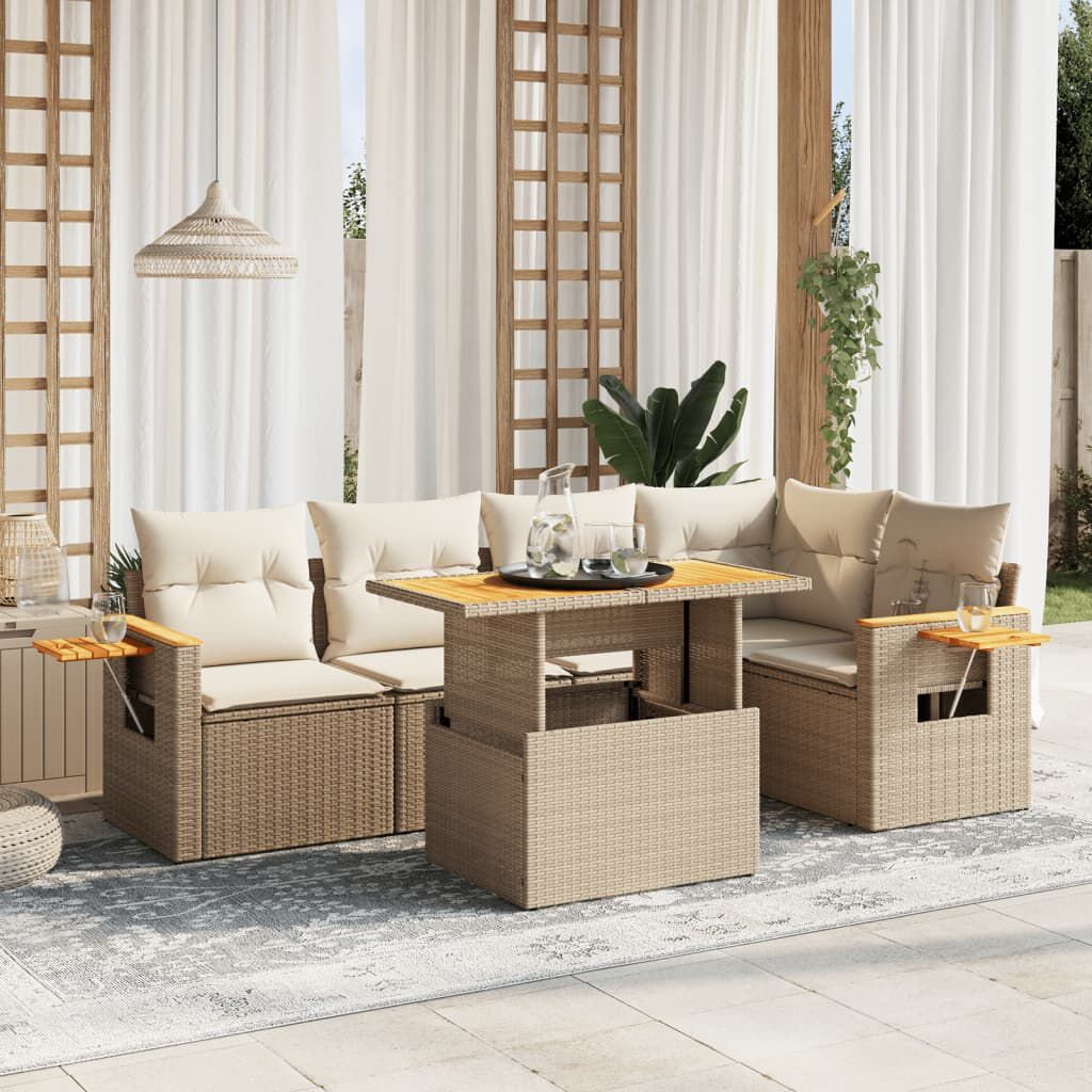 vidaXL 6 Piece Garden Sofa Set with Cushions Beige Poly Rattan