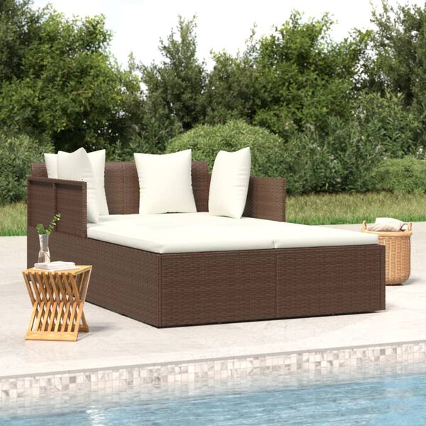 vidaXL Sunbed with Cushions Brown 182x118x63 cm Poly Rattan