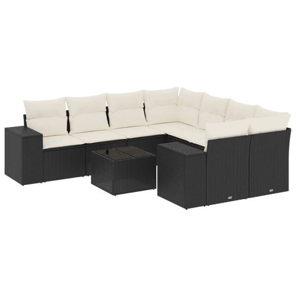 vidaXL 9 Piece Garden Sofa Set with Cushions Black Poly Rattan