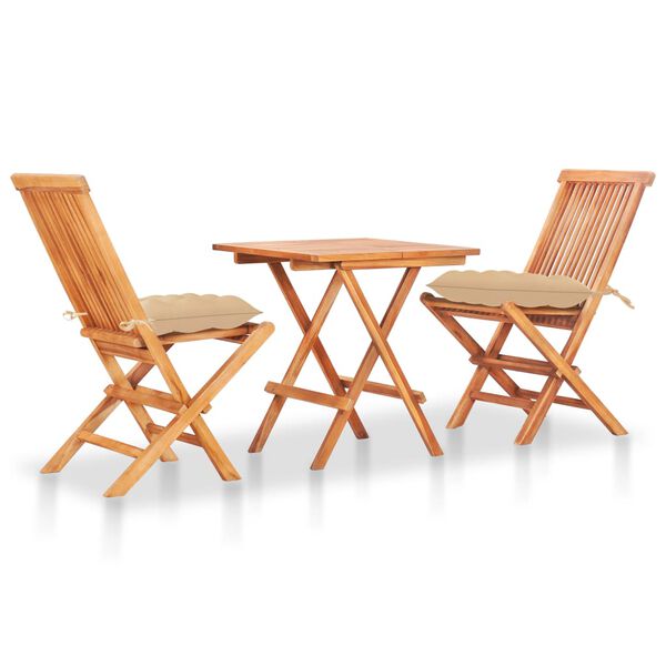 vidaXL 3 Piece Bistro Set with Beige Cushions Solid Teak Wood