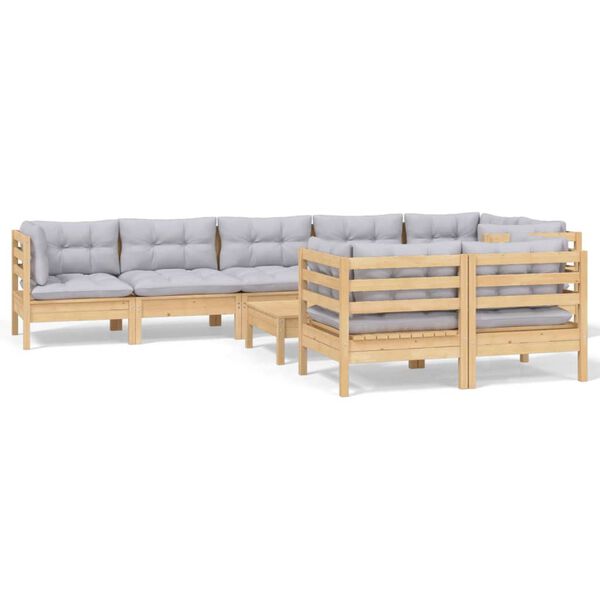 vidaXL 9 Piece Garden Lounge Set with Grey Cushions Solid Pinewood