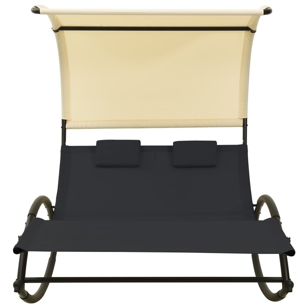 vidaXL Double Sun Lounger with Canopy Textilene Black and Cream