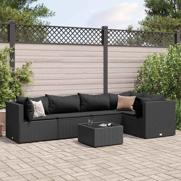 vidaXL 6 Piece Garden Lounge Set with Cushions Black Poly Rattan