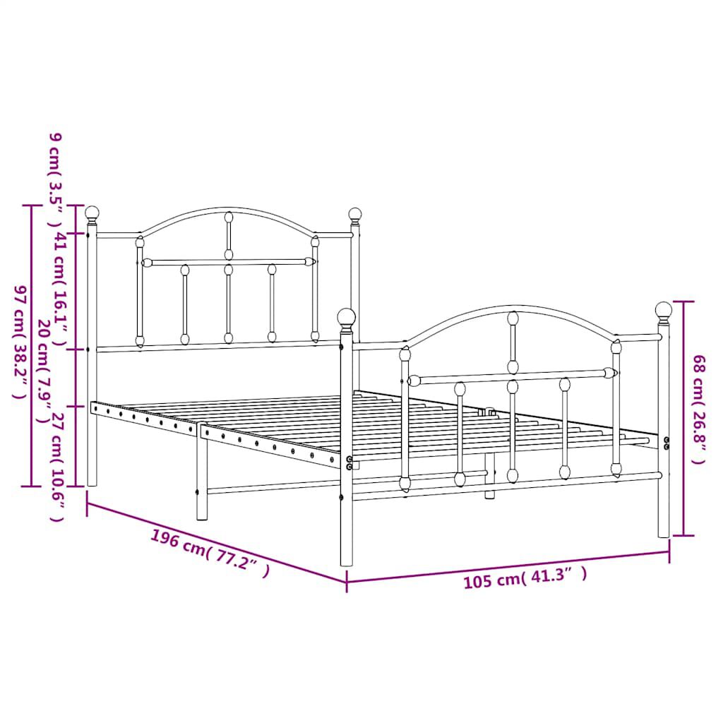 vidaXL Metal Bed Frame without Mattress with Footboard Black 100x190cm