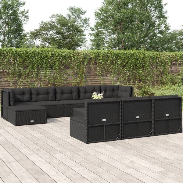 vidaXL 10 Piece Outdoor Sofa Set with Cushions Black Poly Rattan